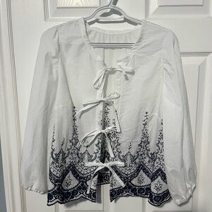 White and Navy Embroidered Tie Front Top